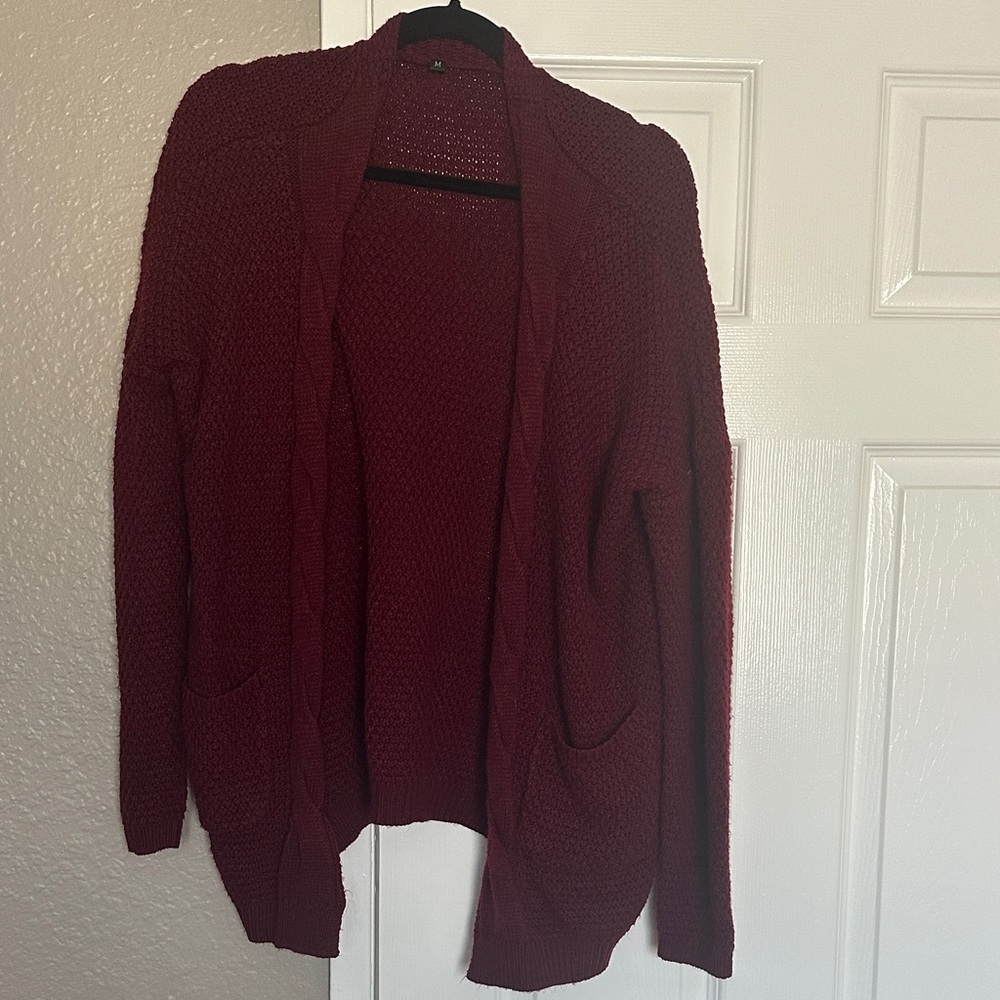 Open-Front Burgundy Cardigan Sweater